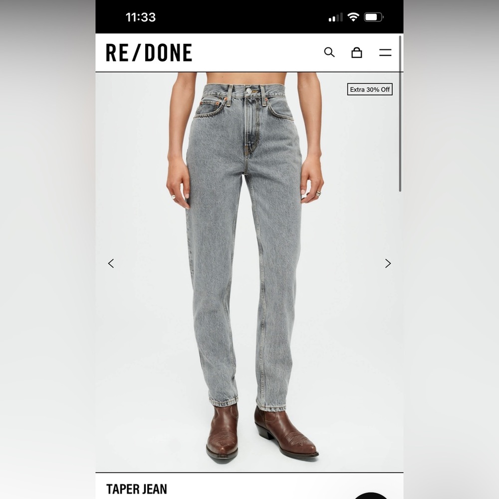 Brand New with Tags RE/Done TAPER JEAN size 24 color silver black